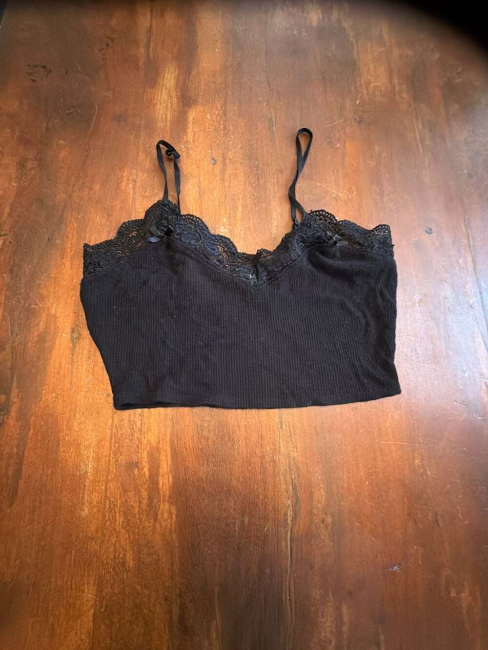 Bozzolo Black Ribbed Lace Trim Crop Cami Top Size Small